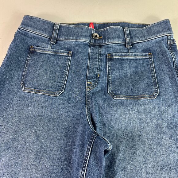Spanx Jean Women 33x23* Cropped Wide Leg Patch Pockets Blue Stretch Denim Tag XL - Picture 2 of 16